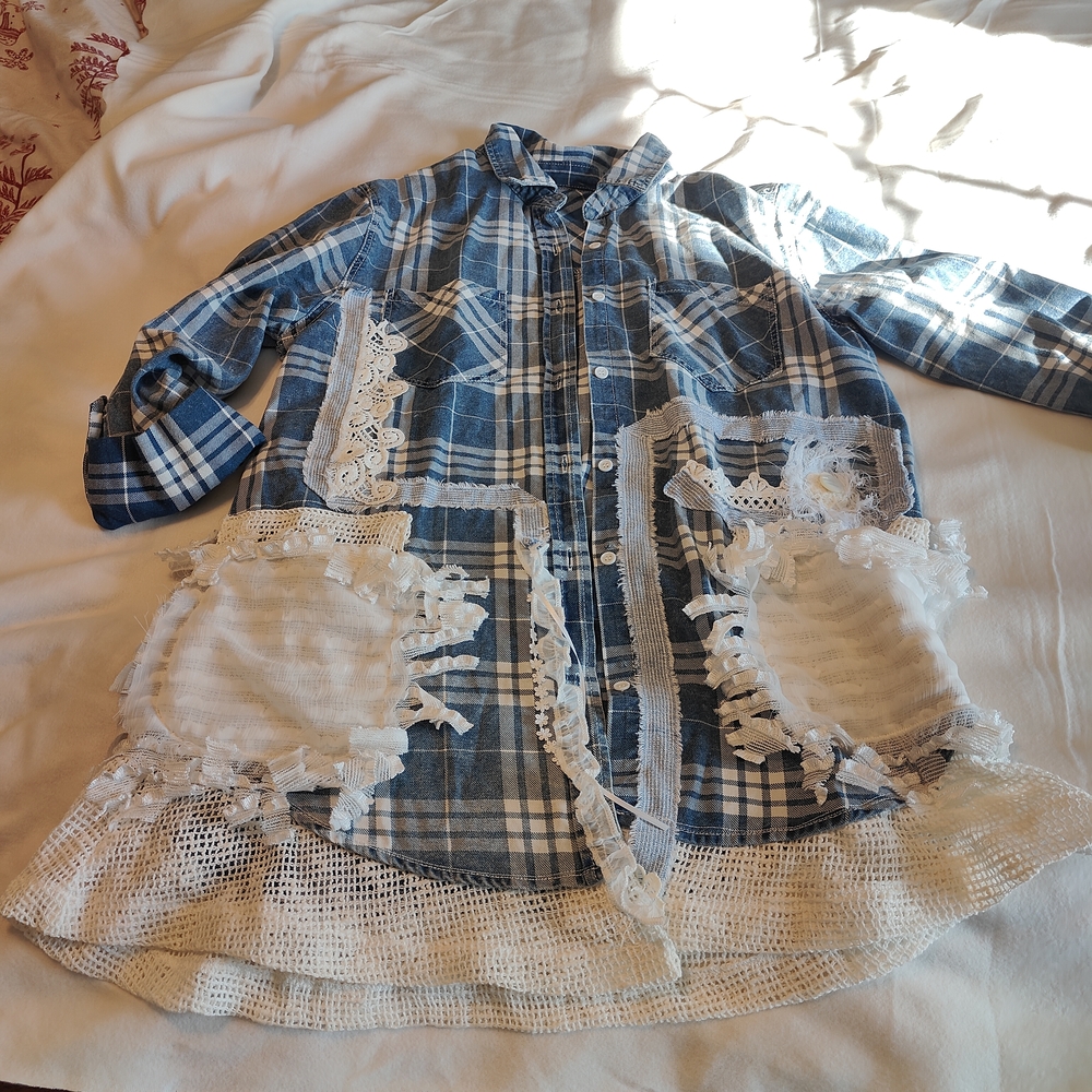 Blue flannel Upcycled  Size Small